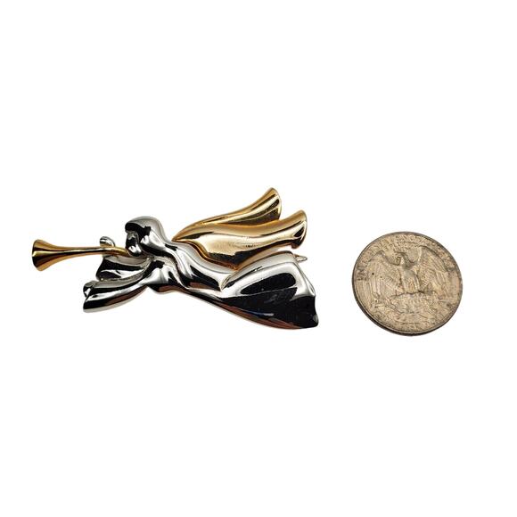 Liz Claiborne Angel Trumpet Brooch Gold & Silver Vintage Pin Playing Horn - Picture 2 of 5